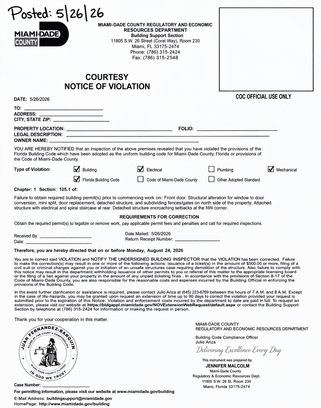Miami-Dade Notice of Violation letter